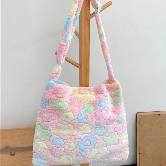 Tote crossbody bag white rainbow flower plush soft womens pink - Picture 6 of 12